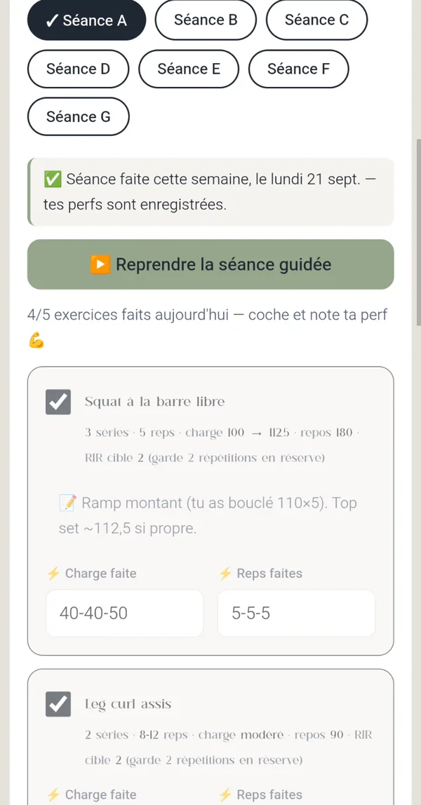 Espace client, onglet Programme : séance du jour avec les charges et répétitions notées